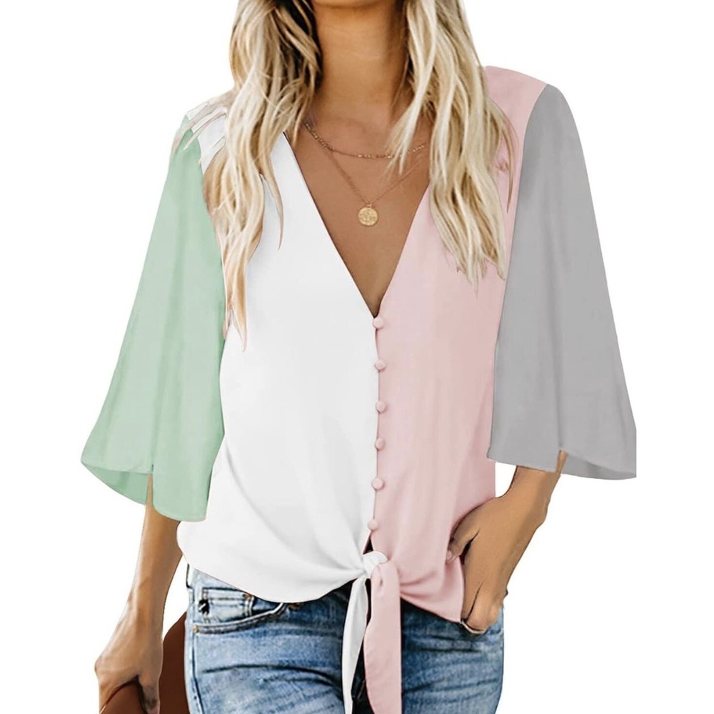 luvamia Women's Casual V Neck Business Tops‎ 3/4 Sleeve Tie Knot Blouses Size L